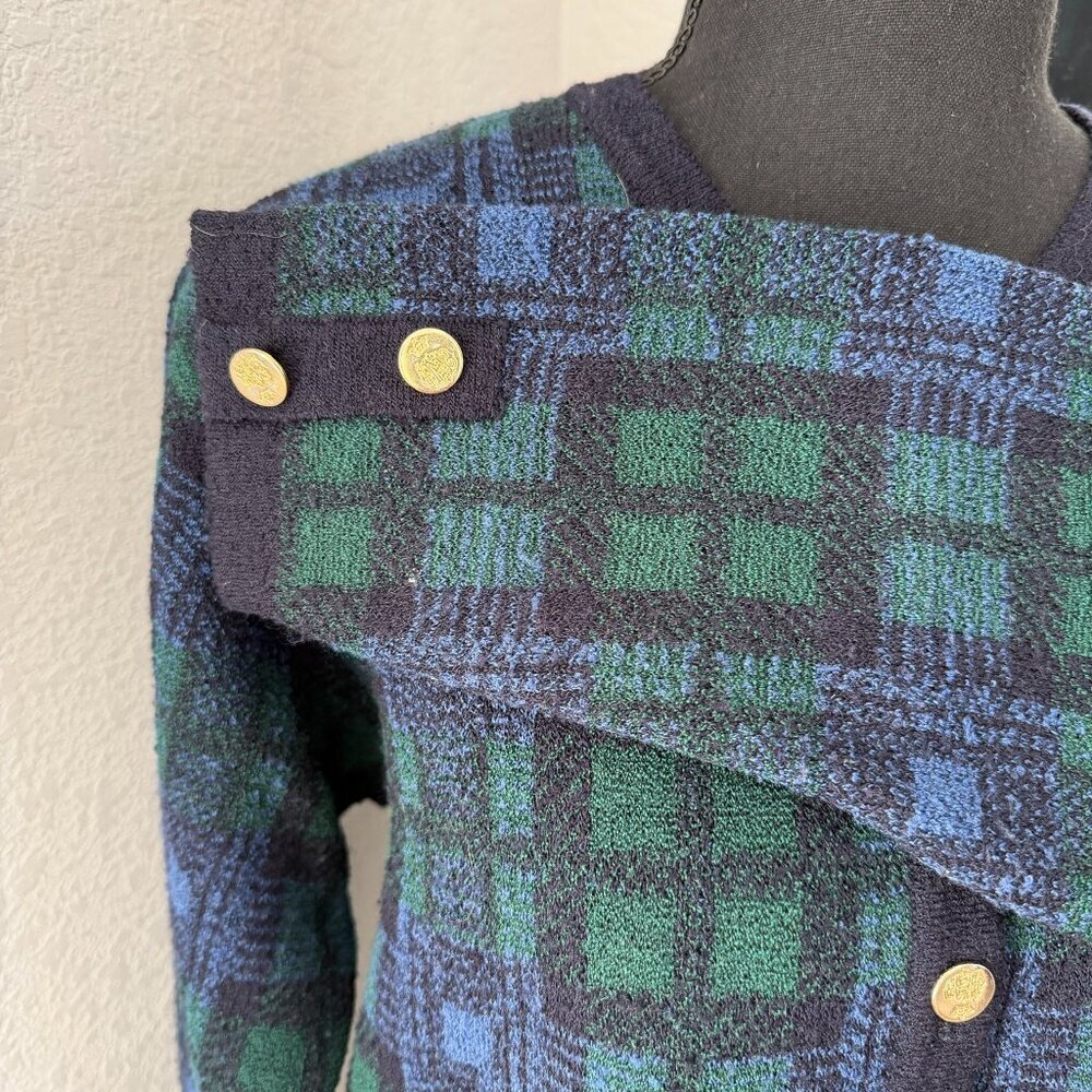 VINTAGE 80s Talbots Tartan Plaid Blue Green Cardigan Sweater Medium - Picture 12 of 14